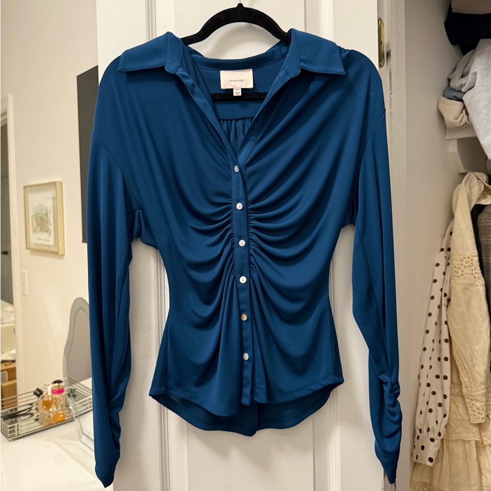 Cinq à Sept Teal Ruched Blouse
